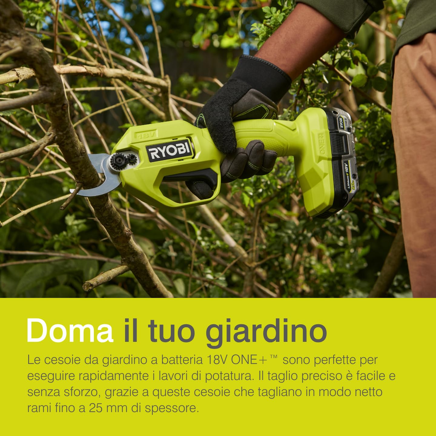 Ryobi R18SCA‑0 Cesoie Potatrici a Batteria 18V ONE+, Lama Bypass 25 mm, Coppia 145 Nm, Solo Corpo Macchina