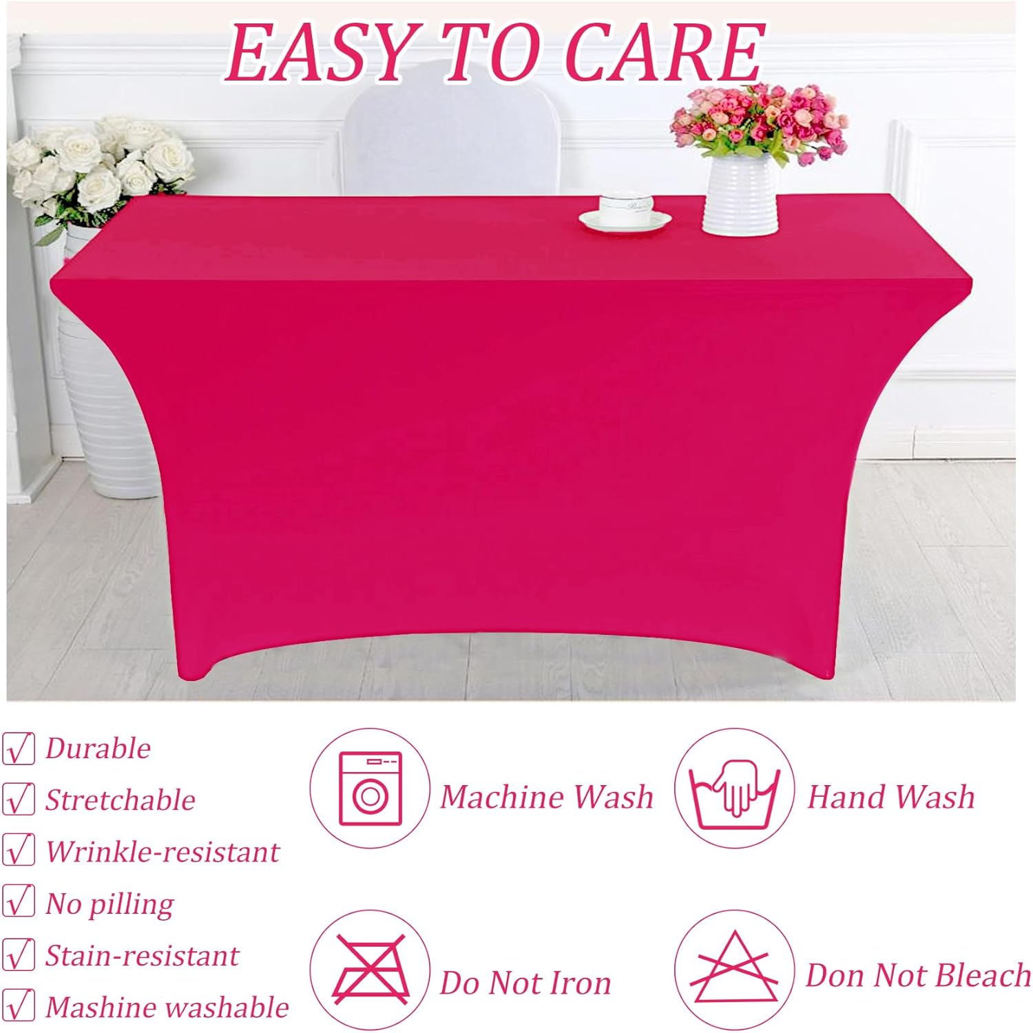 8FT Spandex Table Cover Table Cloth for Folding Tables Fitted Rectangular Tablecover Washable Wrinkle Resistant Stretch Fuchsia Tablecloth Protector for Wedding Banquet Party (4 Pack, Fuchsia)
