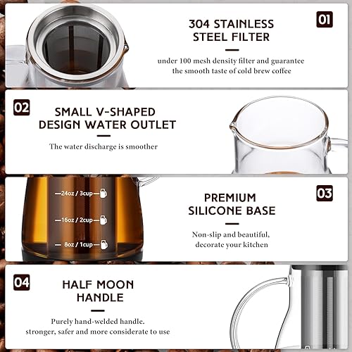 Miniatura 3 de Mifoci 2 piezas de cafetera fría de 32 onzas de vidrio helado con tapa de acero inoxidable y filtro extraíble, jarra de almacenamiento de cerveza