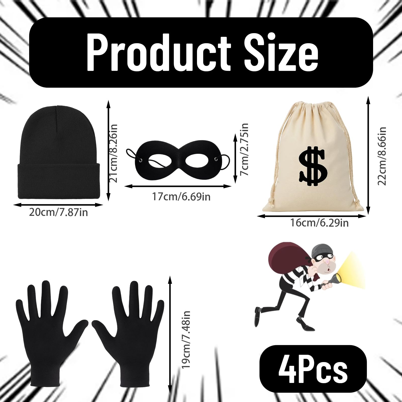 Burglar Costume, 4-Piece Robber Costume Set with Beanie Cap, Eye Mask, Gloves and Swag Bag, Cops and Robbers Fancy Dress for Halloween Parties, Cosplay Events and Themed Dress-Up - Image 2
