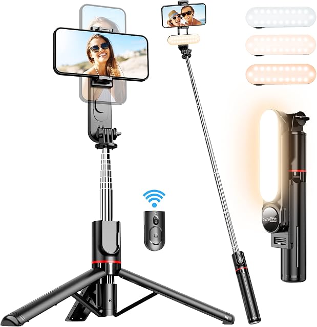 Stabilny statyw Selfie Stick ze zdejmowanym światłem wypełniającym, ekstra długi statyw do telefonów komórkowych 111cm z bezprzewodowym pilotem 360° Obracalny dla iPhone, Samsung, Huawei, Sony i innych