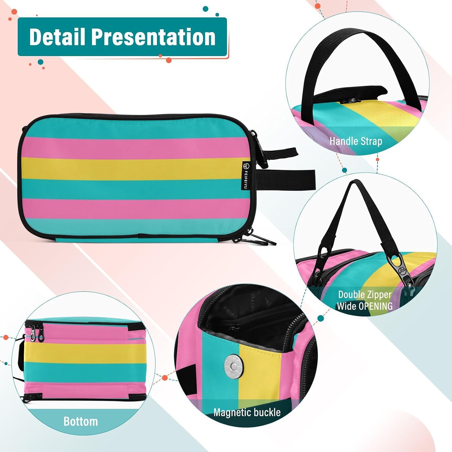 Colorful Stripes Makeup Bag Travel Cosmetic Bag Toiletry Bag Organizer with Compartments Handle Women Men Gifts image 4