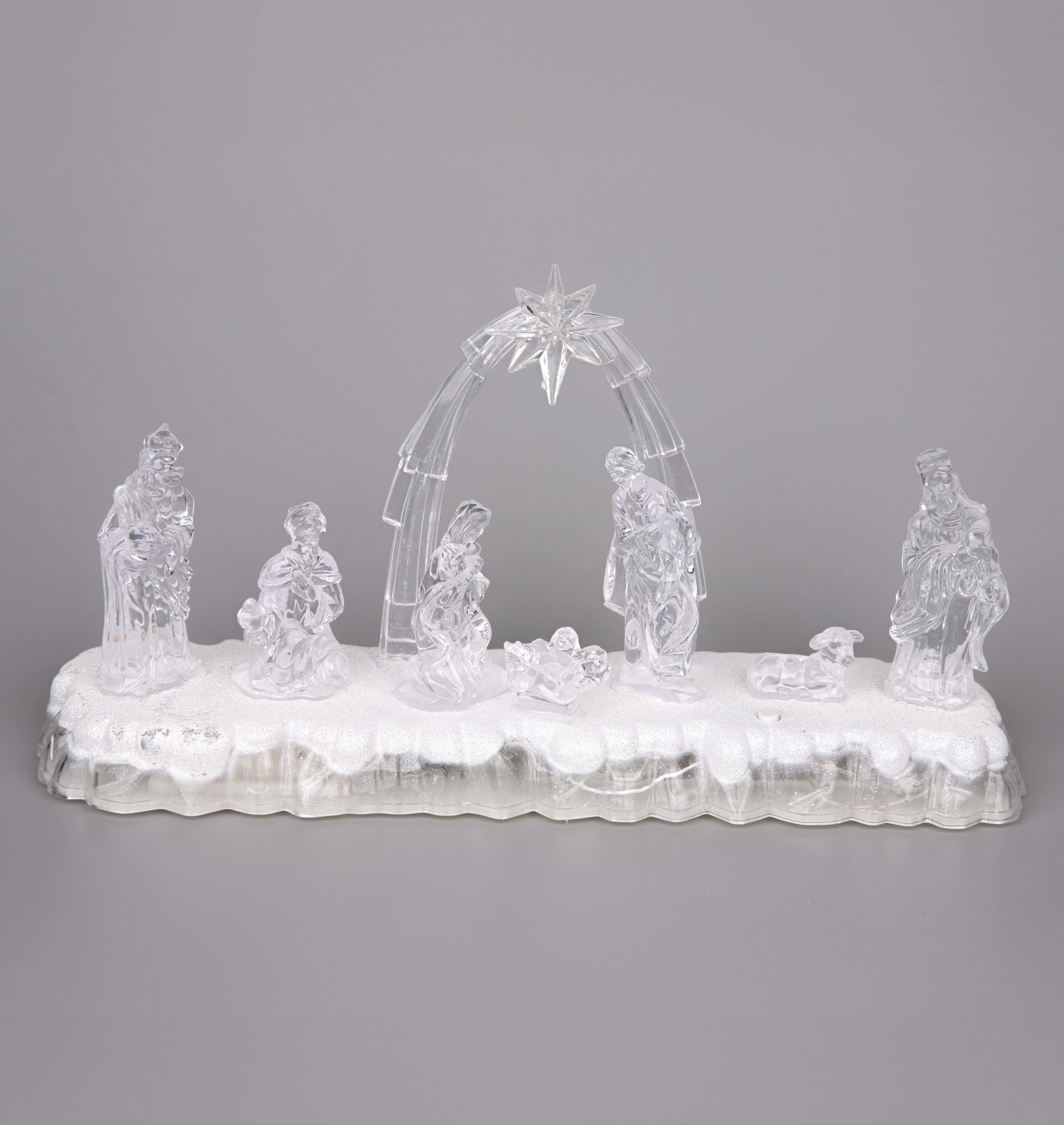 Shatchi Men's Clear 32Cm Christmas Pre-Lit Led Musical Nativity Scene Acrylic Sculpture Battery Operated Light Up Xmas Tabletop Home Decorations