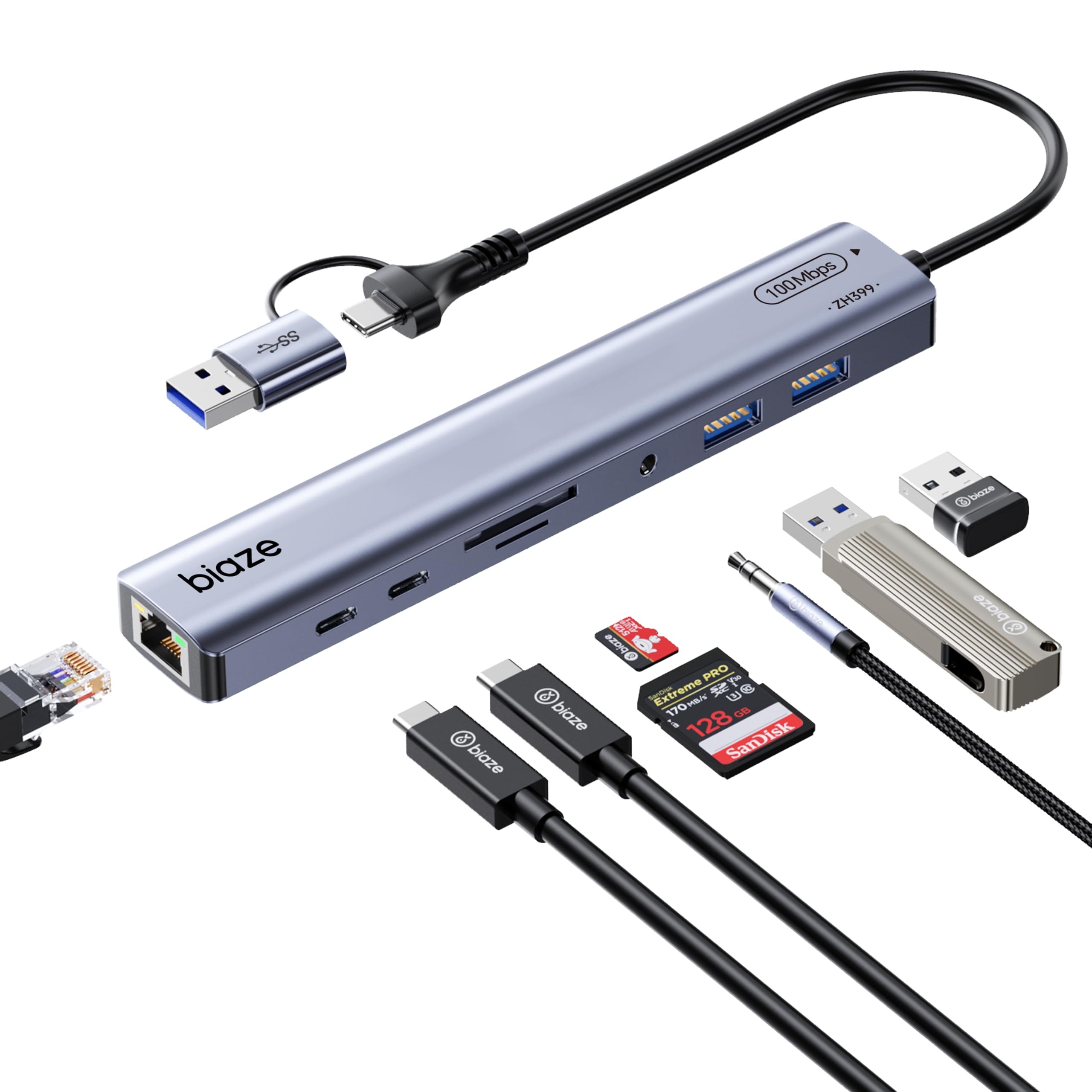 Adaptador 9 en 1 USB/USB C para MacBook, iPhone, 3 puertos USB (2 USB 3.0, USB 2.0), Ethernet de 100 m, lector de tarjetas SD/TF, audio de 3.5 mm, 2 puertos de datos USB-C, no requiere