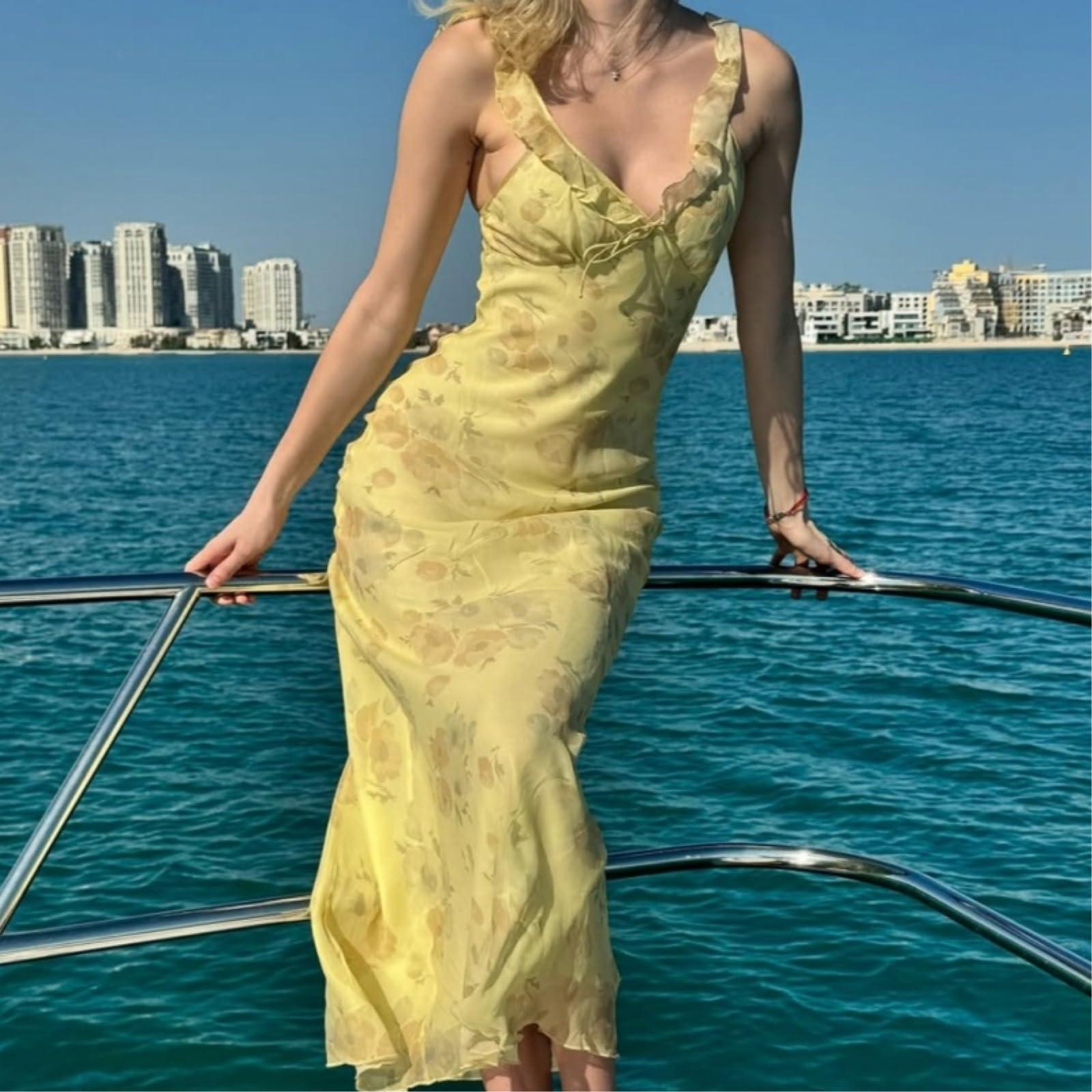 Abito Donna Floral Plunge V Collo Senza Schienale Slip Maxi Coquette Vacanza Sundress, Completamente Foderato Non Sheer Tessuto per Le Vacanze