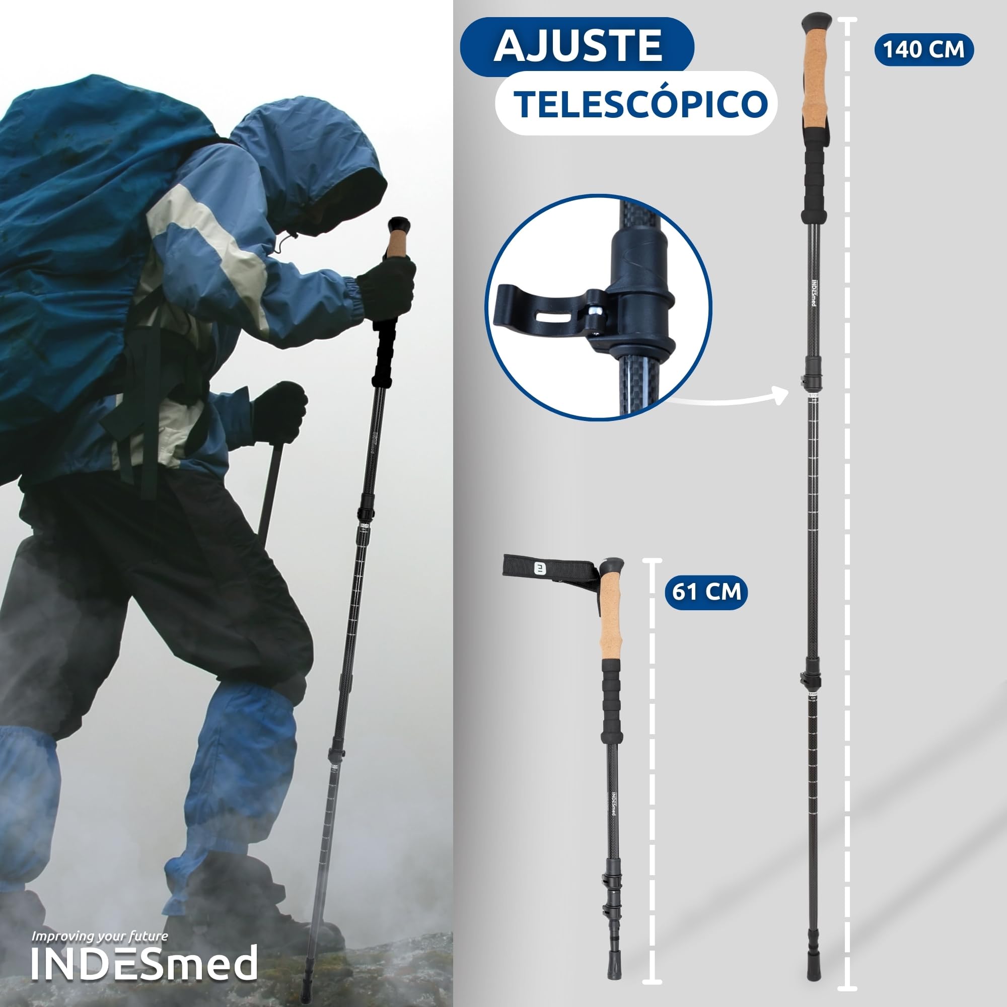 INDESmed | Bastones de Trekking 100% Fibra de Carbono – Ultraligeros, Telescópicos y Ajustables con Cierre Metálico Rápido | Bastones de Senderismo para Montaña, Trail Running y Nordic Walking