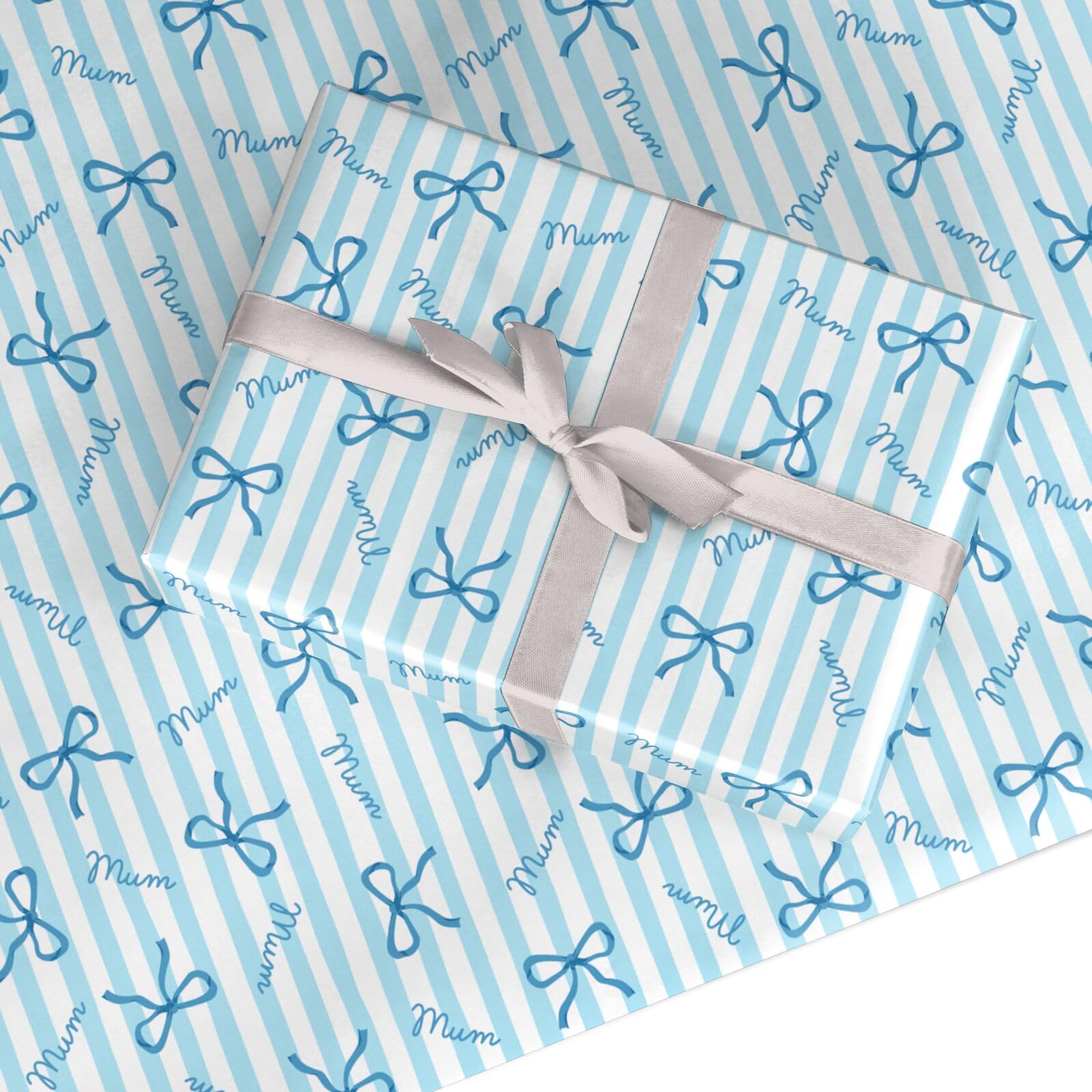 Mothers Day Wrapping Paper Blue Bow Mum Stripe - Premium Stylish Gift Wrap for Mum, Elegant Blue and White Striped Present Paper, Recyclable FSC Plastic Free - Dyefor - 6 Sheets (50x70cm)
