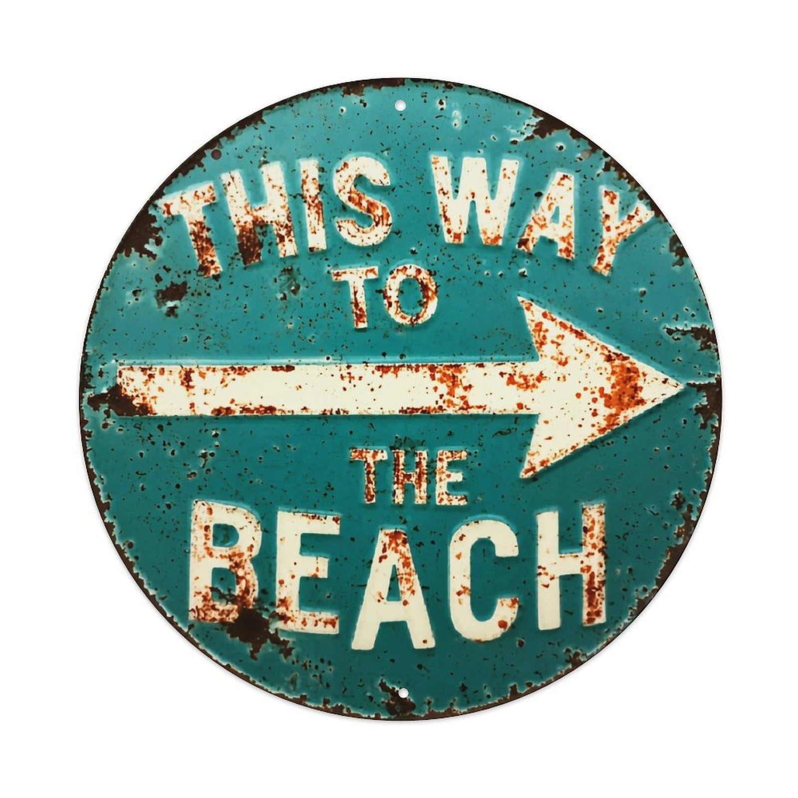 This Way To The Beach_2 Retro Metal Sign Round Tin Sign, Vintage Decor Art Poster for Bar, Home, Man Cave, Kitchen, Laundry Room Gift 8x8Inch