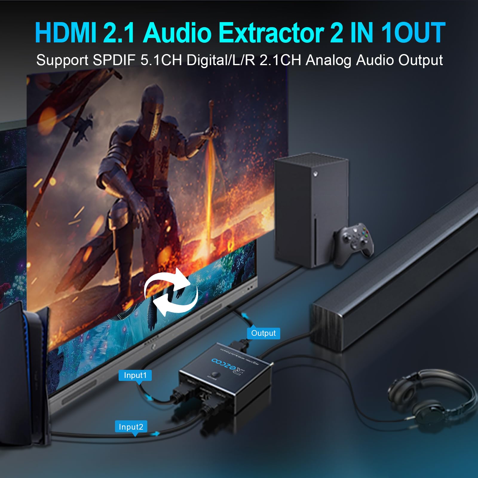Extractor de audio HDMI 2.1 4K 120Hz VRR ALLM HDCP2.3 HDR10 ARC Convertidor de audio 2 en 1 - SPDIF 5.1 CH óptico Toslink - Breakout audio estéreo, repetidor digital para PS 5, Xbox X NVIDIA AMD