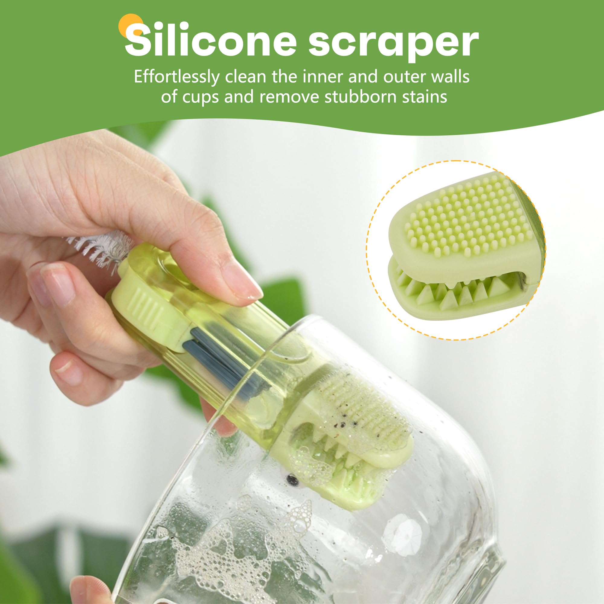 Juego de cepillos de limpieza de botellas con soporte, verde menta, limpiador de vasos de mango largo