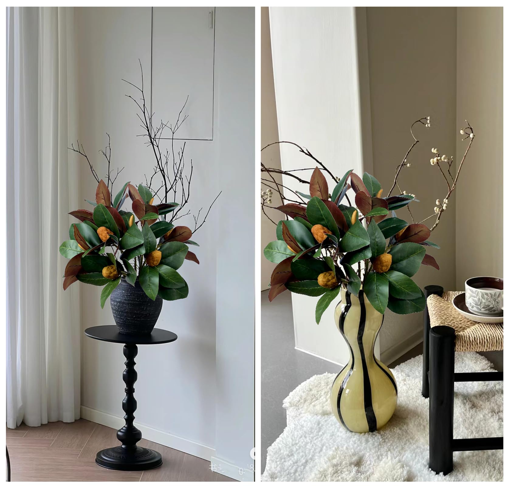 Artificial Magnolia Flower Stems - 8 Half-Bloom Faux Branches For Home Decor (4 Pink + 4 Green)