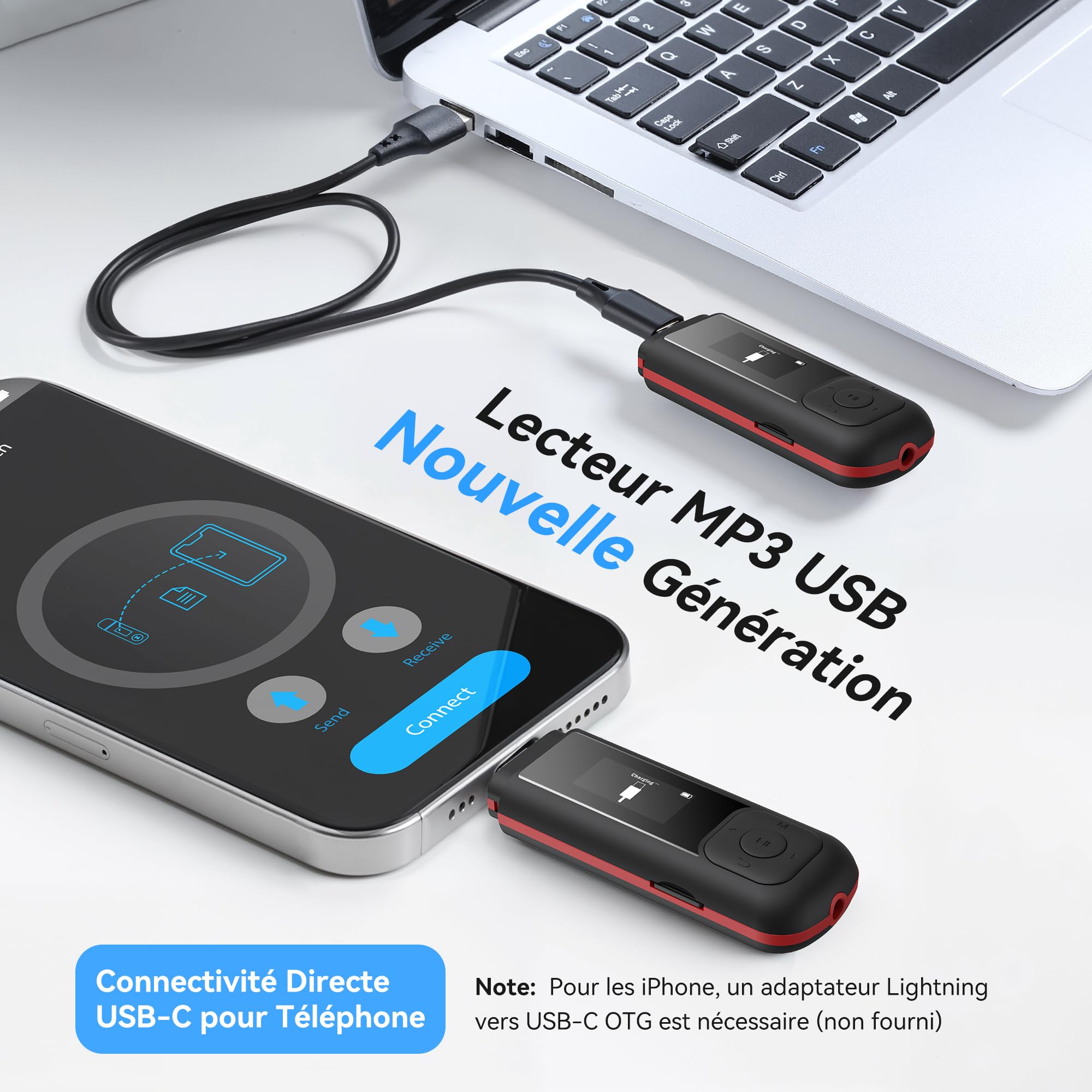 AGPTEK 64Go Lecteur MP3 Portable USB Type C 2 en 1 avec écouteurs, Clé USB MP3 avec Écran LED Mini Baladeur Musique avec Radio FM, Enregistreur, Transfert Fichiers Mobiles Étudier Support Piles AAA