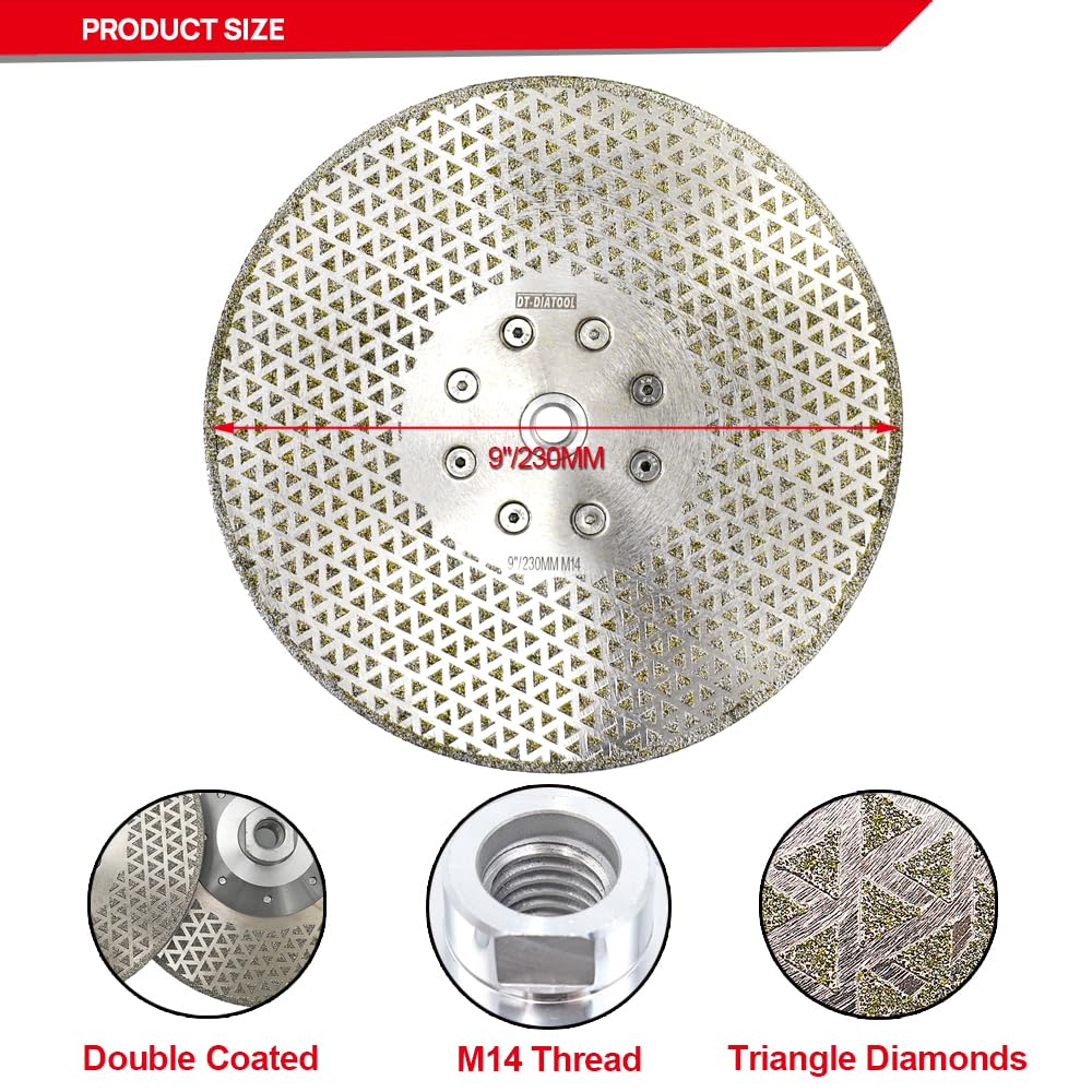 DT-DIATOOL Disco Diamante de Corte y Rectificado 230 mm x M14 Electrochapado de Doble Cara para Piedra Mármol Baldosa Granito
