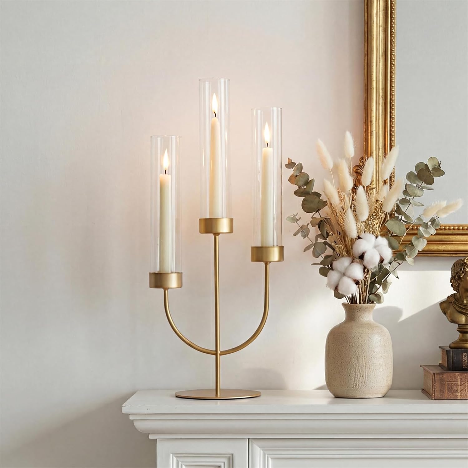 Sziqiqi Candelabra Gold Candlestick Holders: 3 Arm Candelabra Centerpiece with Glass Hurricane for Dining Table Fireplace - Modern Candle Holders for Wedding Christmas