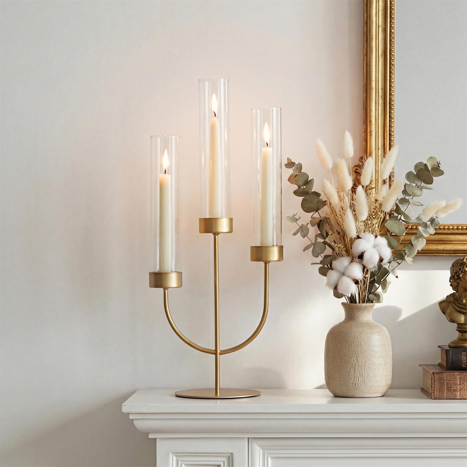 Sziqiqi Candelabro Oro: Centro de Mesa con 3 Brazos y Cristal Antiviento para Decoración de Navidad - Candelero Moderno para Exteriores
