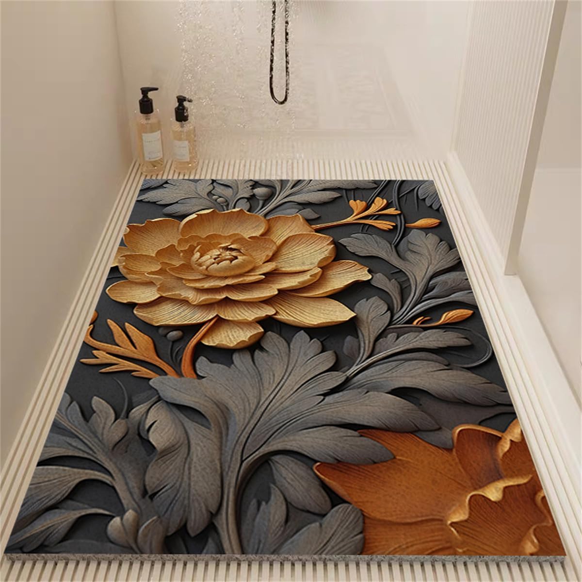 Surwin Bath Mat Non Slip Shower Mats, Anti Slip Quick Dry Soft Rubber Loofah, Elegant Flowers print, Cut to Size, for Inside Shower Bathroom Bathtub Bath Tub Floor (Orange,80x120cm)
