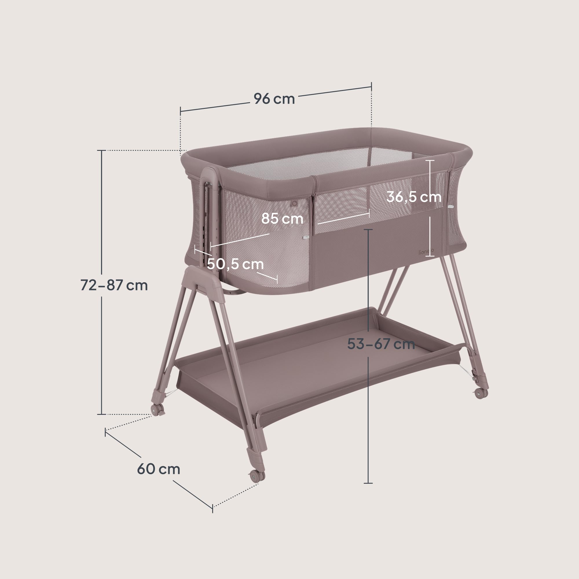 lionelo LUNA lettino portatile con materasso, co-sleeping, da neonato a 9kg, altezza e inclinazione regolabili, 4 ruote con blocco, fissaggio al letto dei genitori, arioso lettino da affiancare