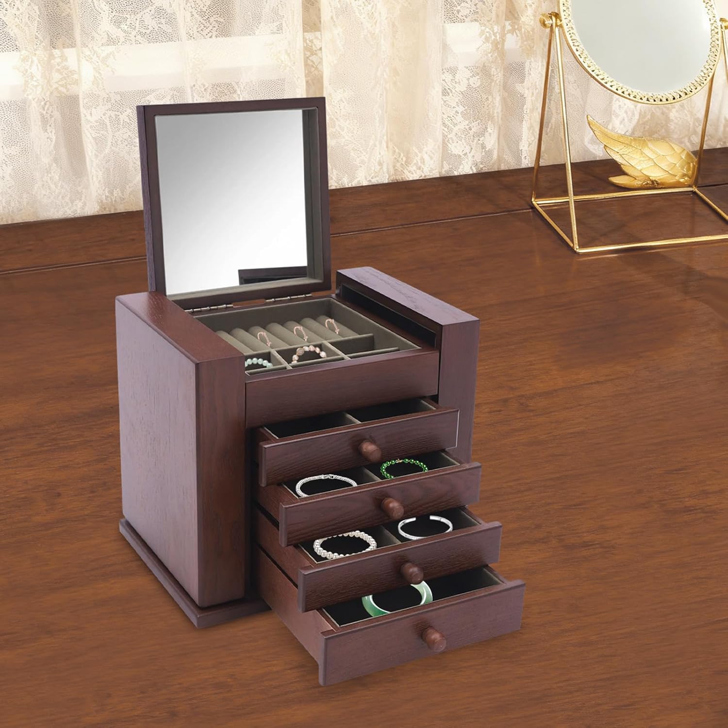 Dark Brown MDF Wooden Jewelry Box, 5-Layer 4 Drawers Organizer Large Jewelry Box with Lock & Mirror - Vintage Style for Rings/Necklaces/Earrings, 11.81in Compact Size (6 Hooks, 27 Pin Slots, 7.05lbs)