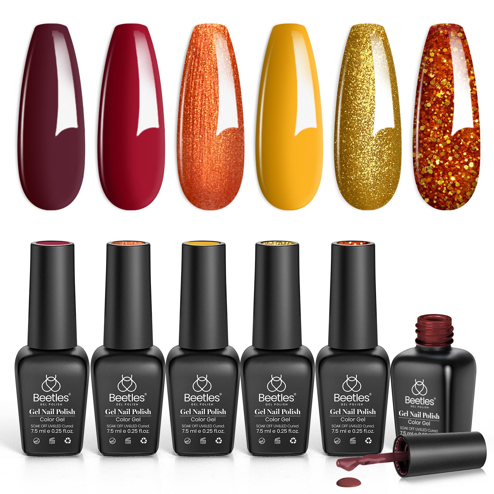 beetles Gel Polish Set Fall Gel Nail Polish 6 Colors Burgundy Brown Yellow Glitter Orange Gold Nail Polish UV LED Nail Lamp Home DIY Manicure Nail Art