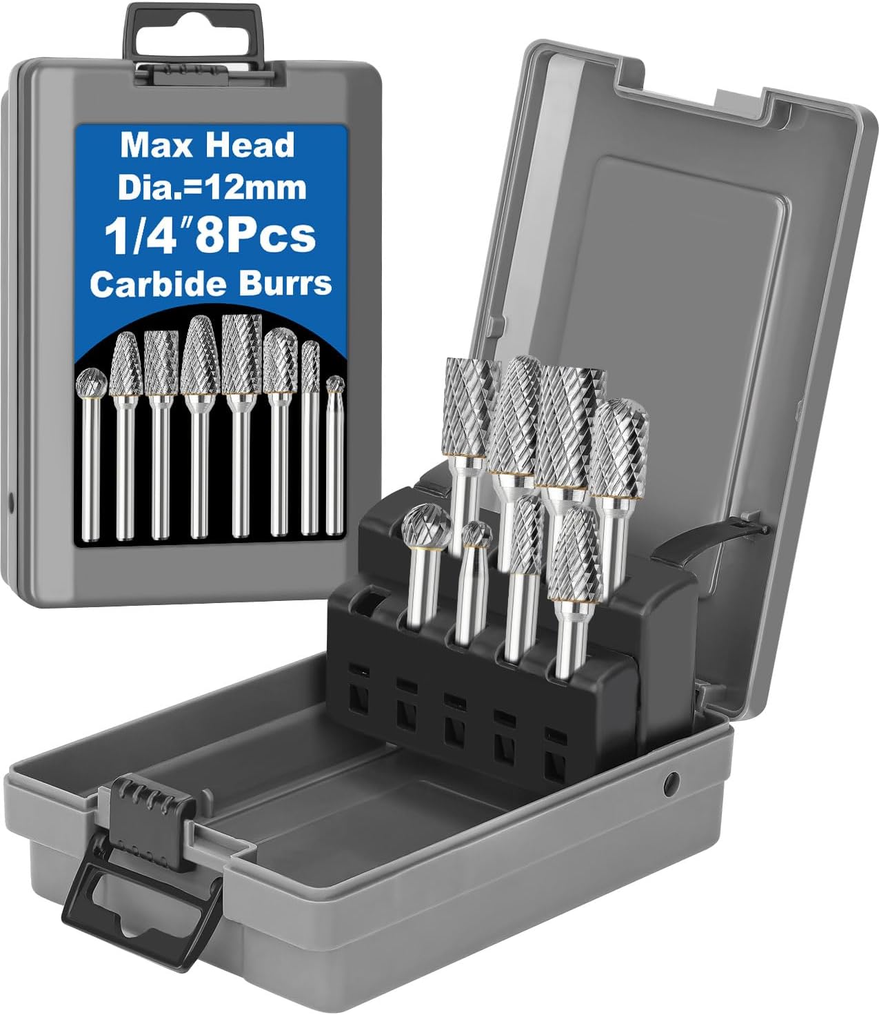 8Pcs Carbide Burr Set 1/4 Shank w/Grey Box Max Head Dia 12mm Die Grinder Bits Rotary Tools Attachment Kit Rasp Accessories Metal Wood Stone Steel Grinding Deburring Cutting Porting Carving