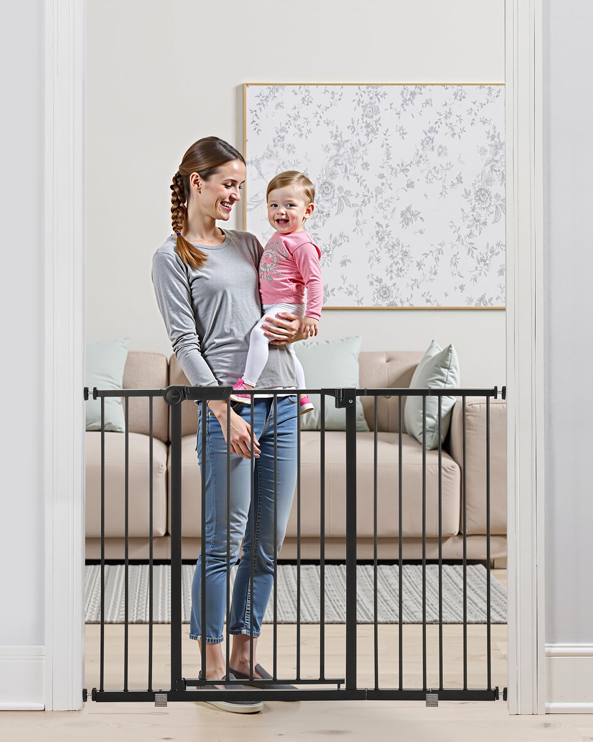VEVOR Baby Gate, 26-48 Inches Adjustable Width, 36 Inches High Dog Gate, Easy Step Walk Thru, for Child Pet Security, Pressure Mount Kit, Wall Cups, One-Hand Open, for Stairs and Doorways, Black Black 26-48" Wide, 36'' High