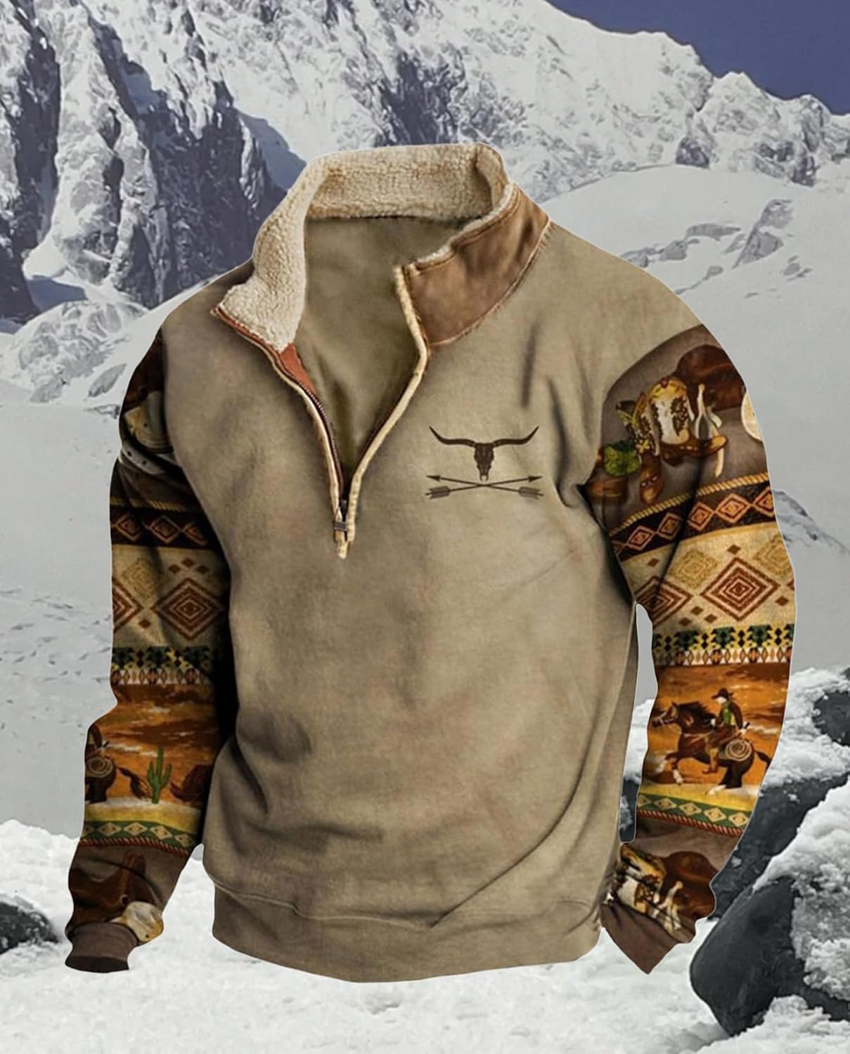 Western Sweatshirts for Men Aztec Ethnic Print Quarter Zip Pullover Fleece Hoodies Casual Stand Collar Sweatshirt - Image 6