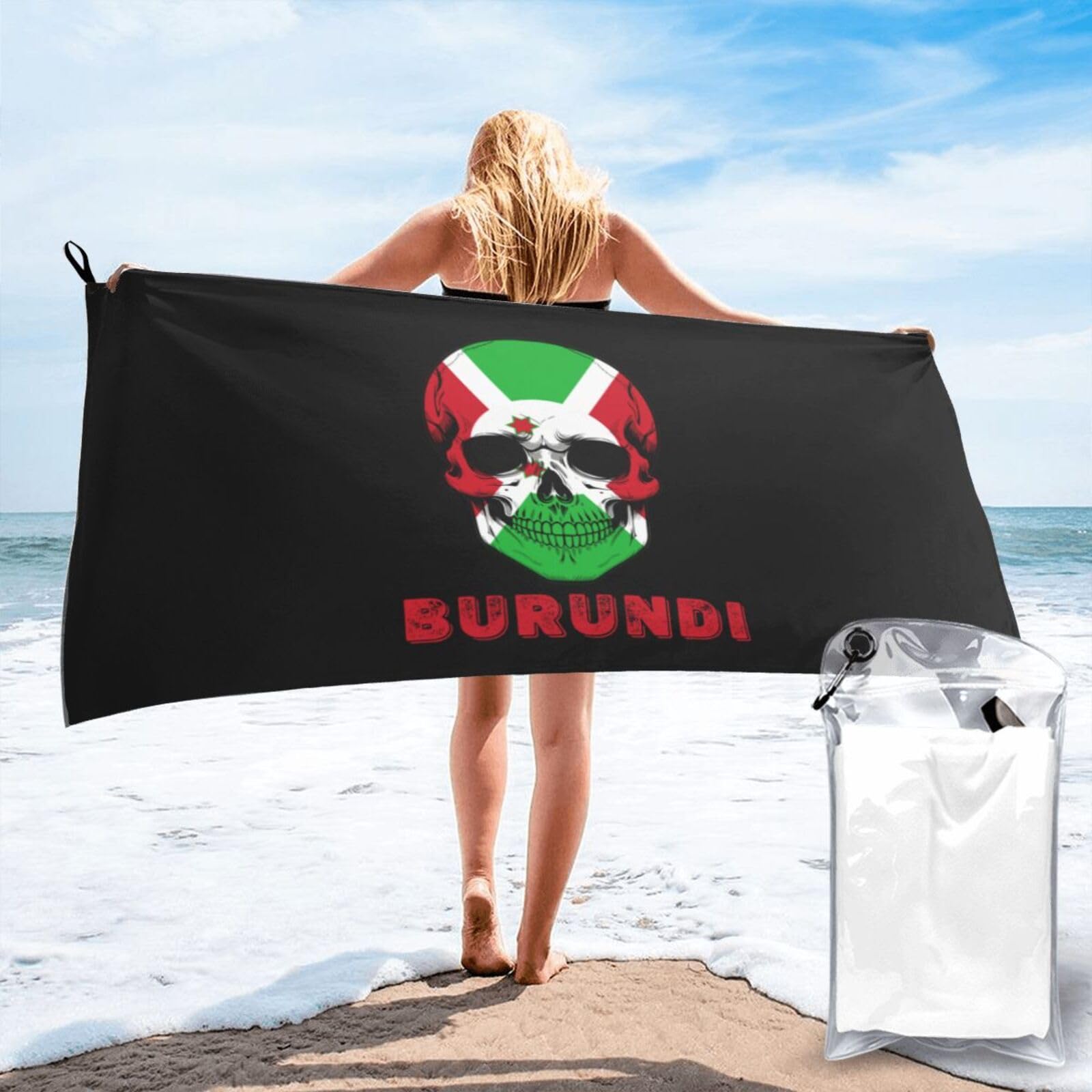 HACXZ Skull Burundi Flag Lightweight Absorbent Beach Towel Microfiber Beach Towel 27.5"X55"