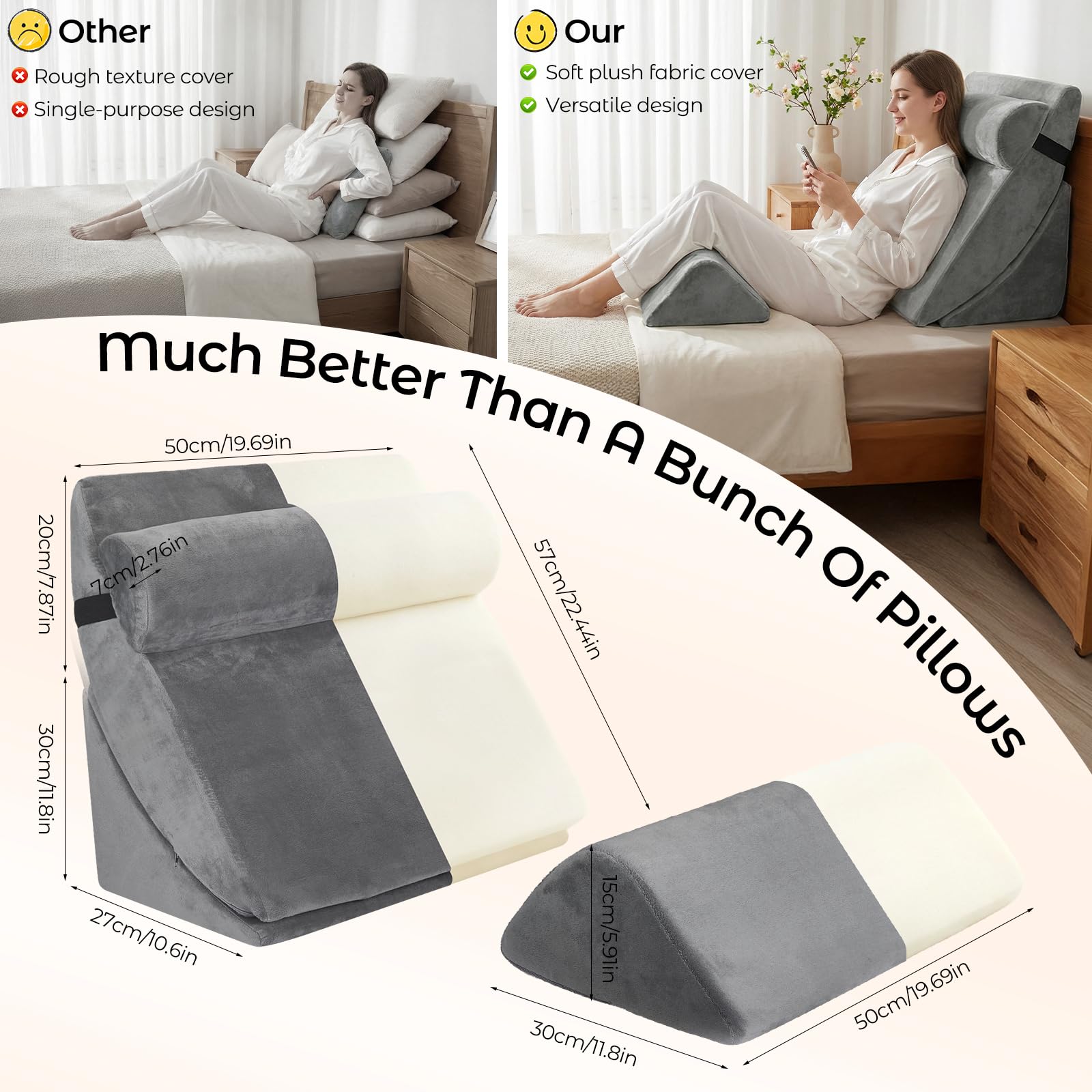 Set di 4 cuscini a cuneo in memory foam, cuscino letto e lettura regolabile in altezza, per divano e letto, lavabili in grigio
