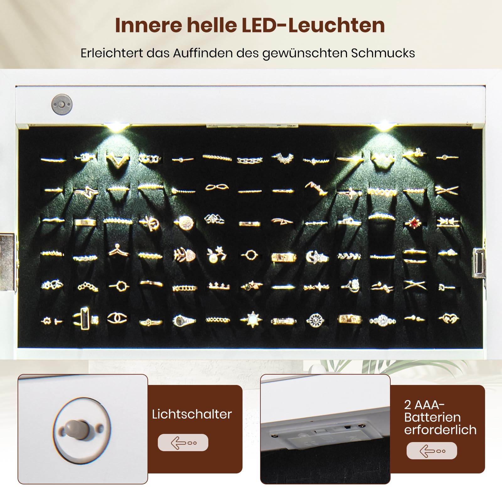 RELAX4LIFE Schmuckschrank hängend, Spiegelschrank mit 2 Schubladen & 2 LEDs & Schloss, Schmuckorganizer für Ohrringe & Armband & Kette & Ringe & Kosmetik, Tür- & Wandmontage (Weiß)