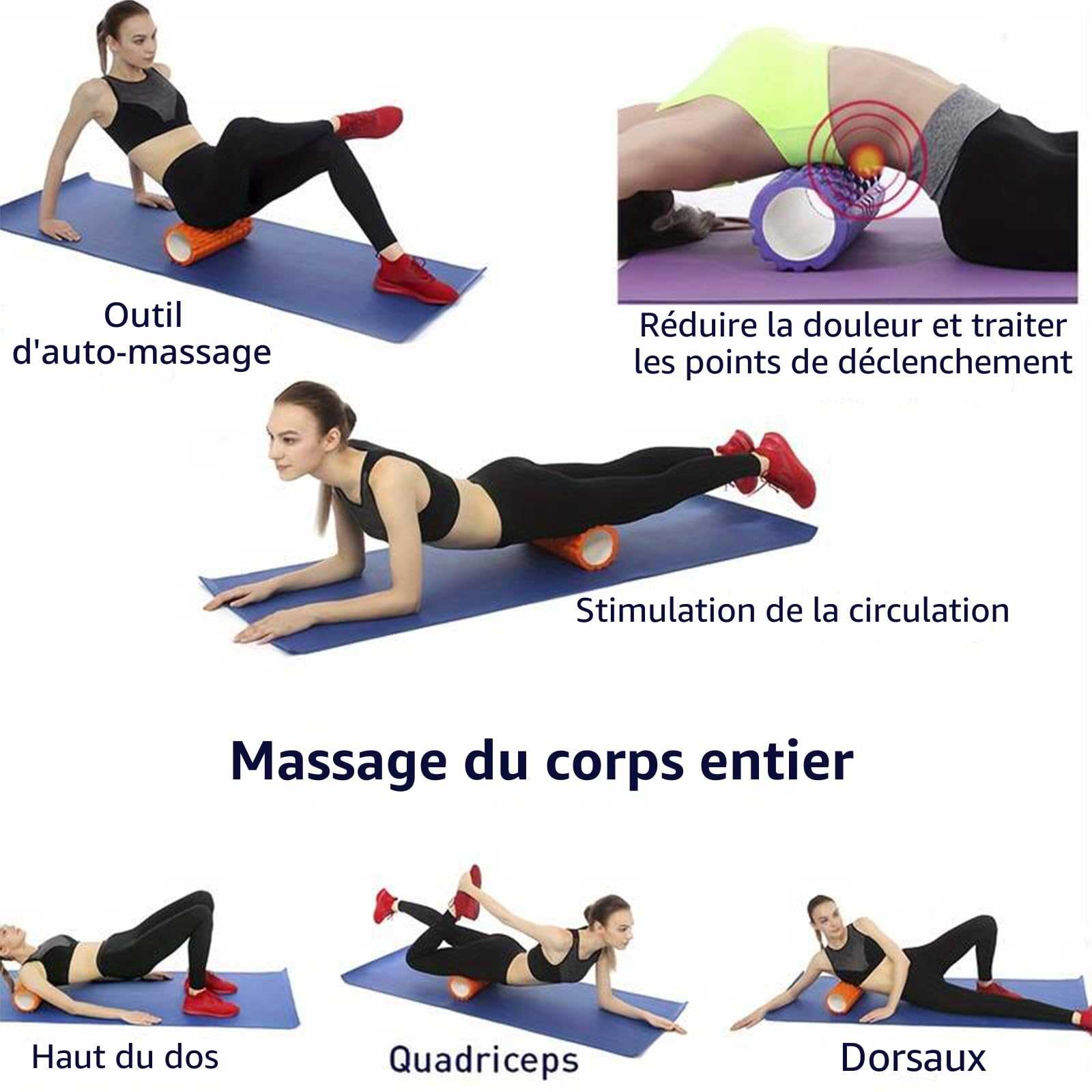 Rouleau de massage pour fascia, dos et colonne vertébrale, soulager les tensions musculaires, pour le dos, les jambes (30 x 10 cm) (Noir)