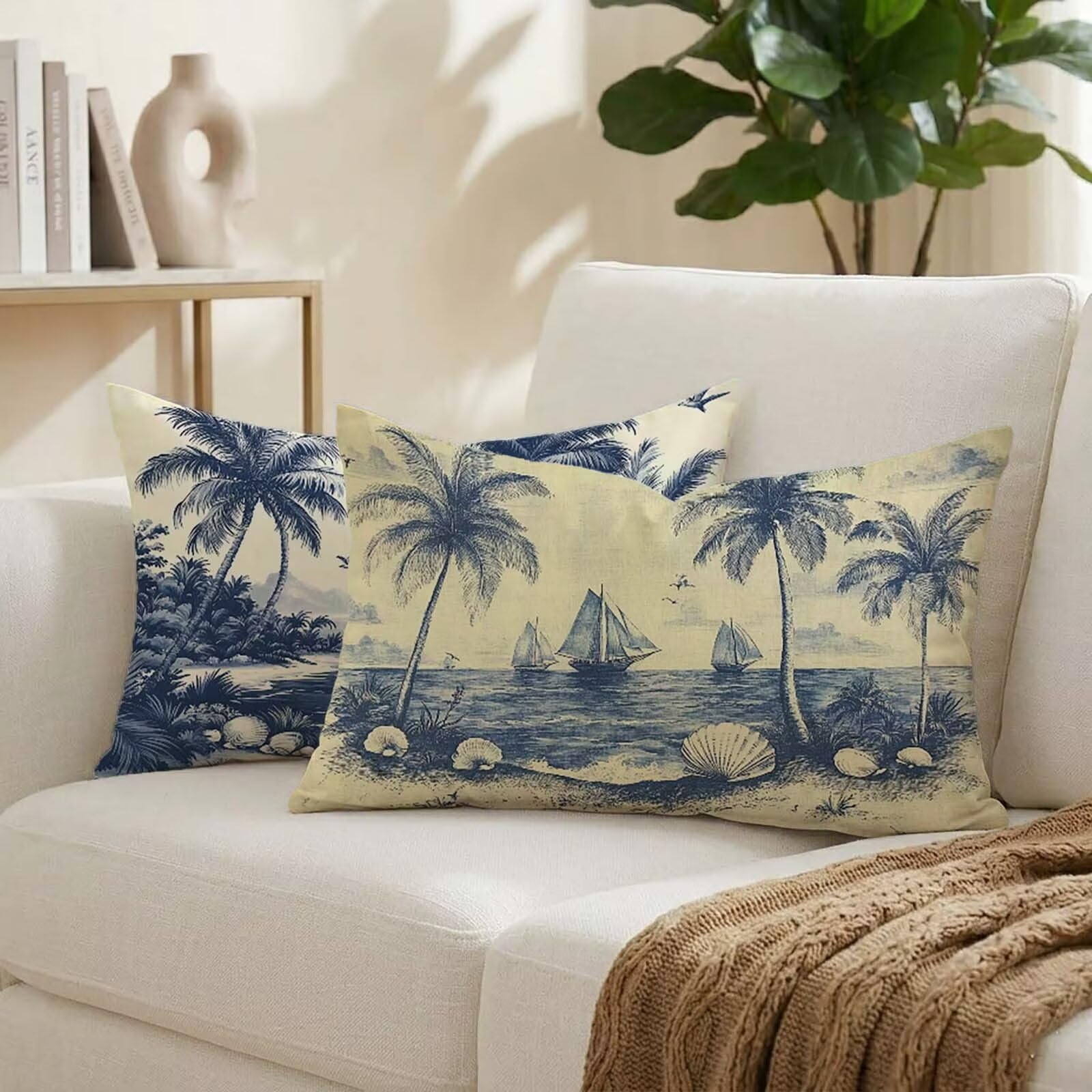 Federe Cuscini Divano 40x60 cm Set di 2 Blu Cuscini da Esterno Impermeabili Rettangolari, Alberi di cocco Decorativi Copricuscini in Lino Cuscino Divano, per Estate Giardino Soggiorno Letto K-2050