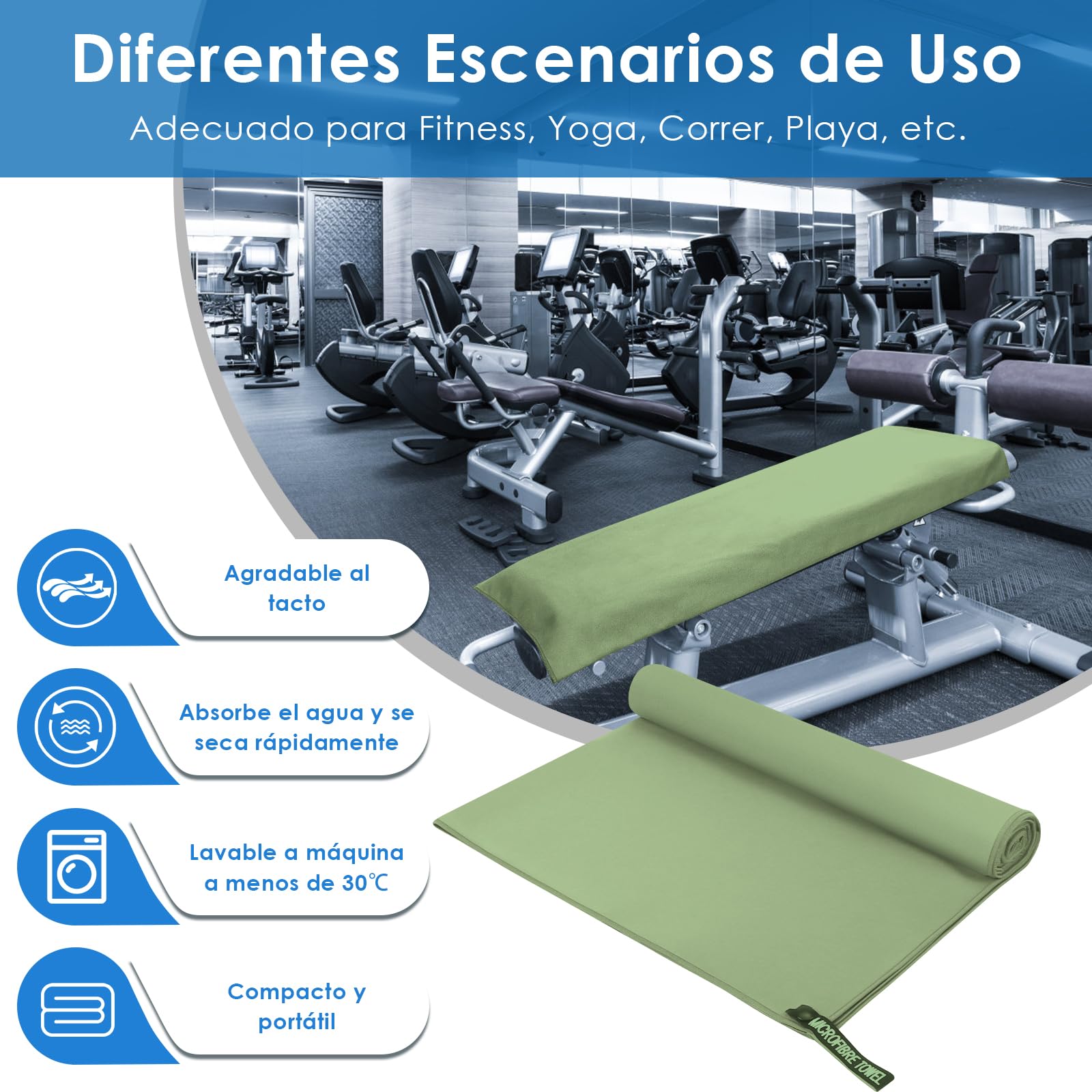 Juego de 3 toallas de microfibra, 180 x 80 cm + 2 de 80 x 40 cm, no destiñen, de secado rápido, para gimnasio, playa (verde claro)