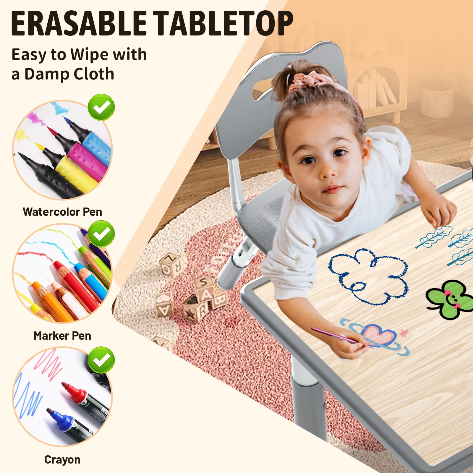 Table pour enfant avec 2 chaises, groupe de sièges pour enfants réglable en hauteur en HDPE & ABS, table de jeu multifonctionnelle pour enfants de 2 à 10 ans, ensemble table et chaise