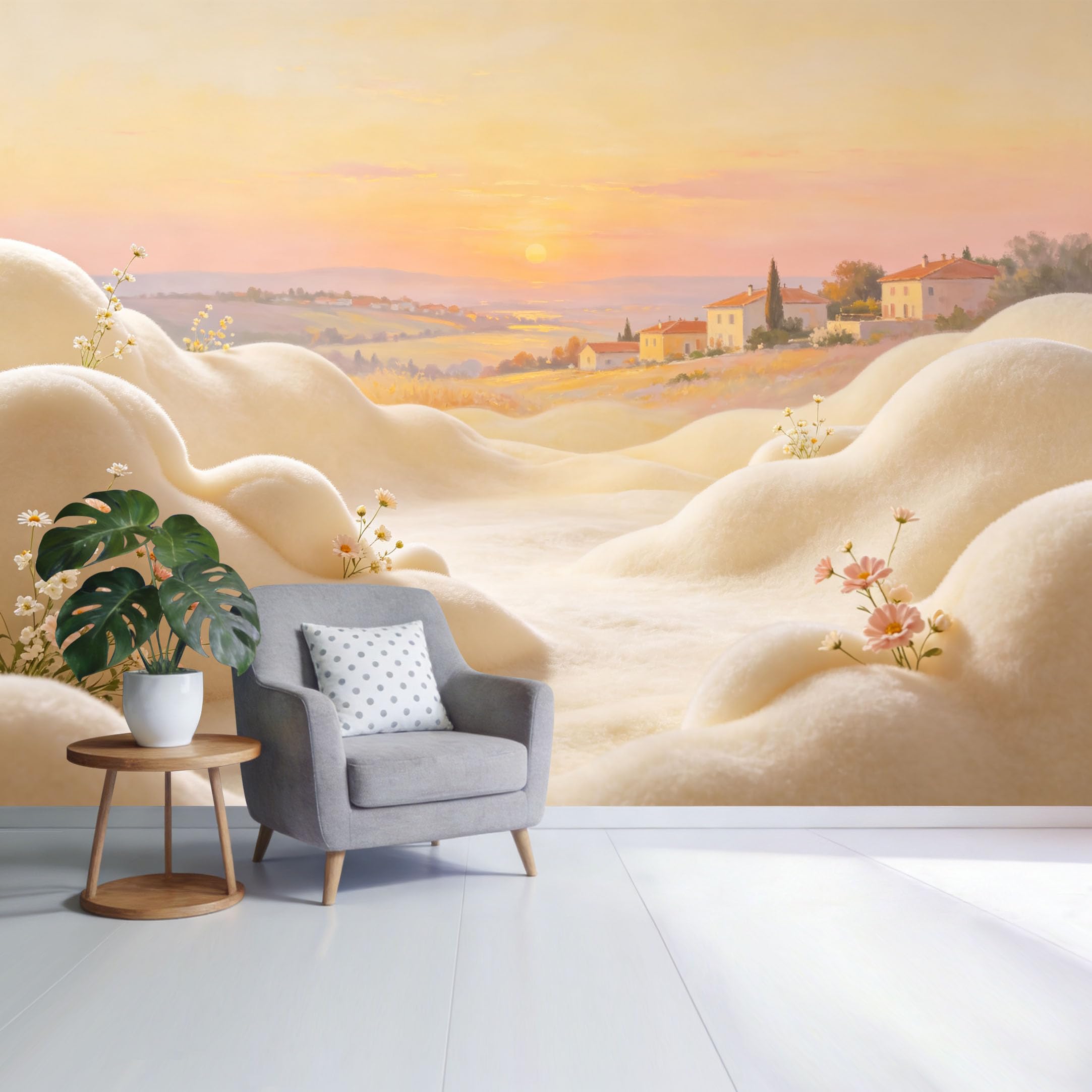 Custom Size Wall Mural Pastel Sunset Countryside Landscape with Wildflowers Hills and Village View SelfAdhesive Wall Fabric Removable Wallpaper for Home Office Decor