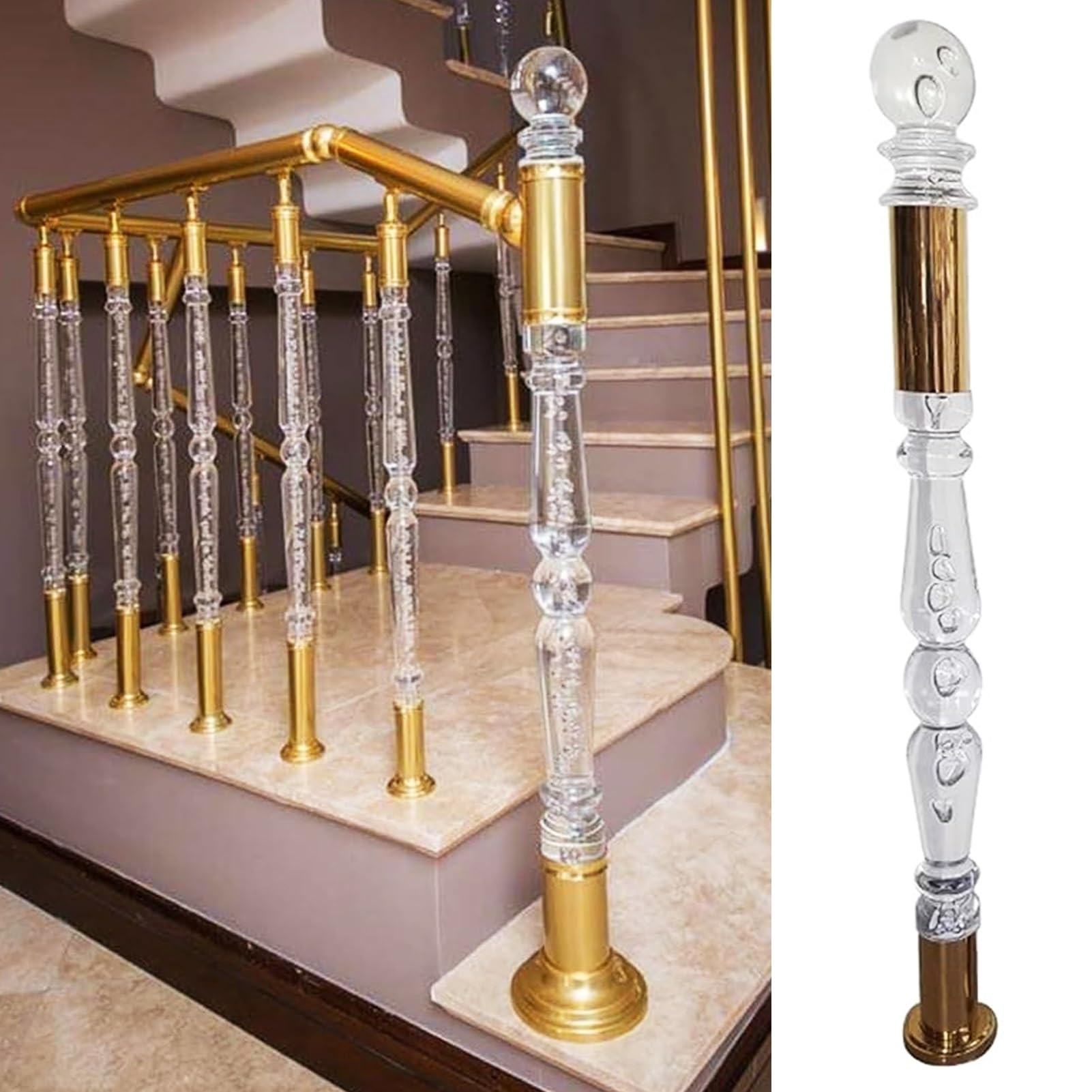 Paletto Newel in acrilico trasparente con base in acciaio inossidabile per ringhiera moderna per scale