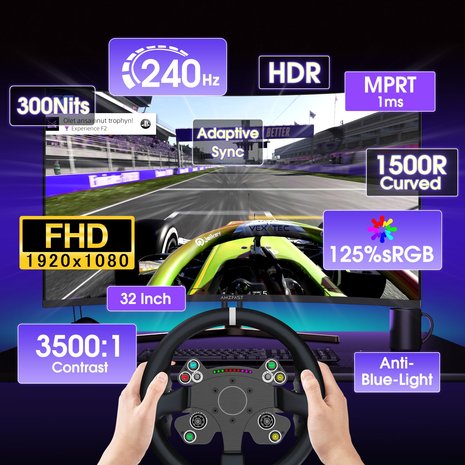 Amzfast 32 Inch Curved Gaming Monitor - 240Hz, Full HD 1920x1080P, 1ms MPRT, Adaptive-Sync, 3500:1 Contrast, DCI-P3 90%, sRGB 125%, HDR, VA 1500R, VESA 100x100MM, HDMI2.0&DP1.4 - AMZG32C1F — view 6