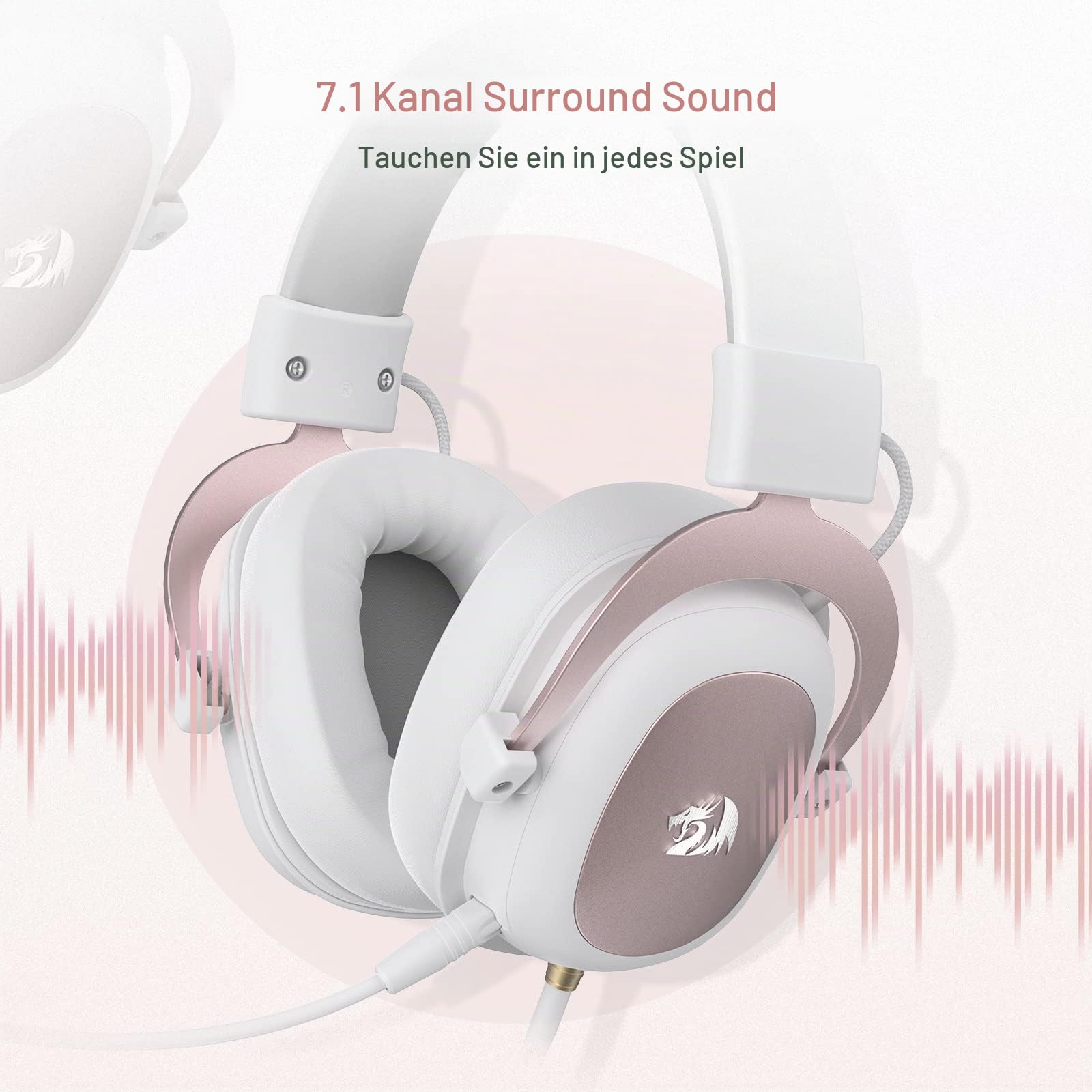 Redragon H510 Zeus Gaming-Headset mit Kabel - 7.1 Surround-Sound - Bezug aus atmungsaktivem Stoff - 53MM-Treiber - Abnehmbares Mikrofon - Immersionskopfhörer für PC/PS4/Xbox One/NS - Rosa & Weiß