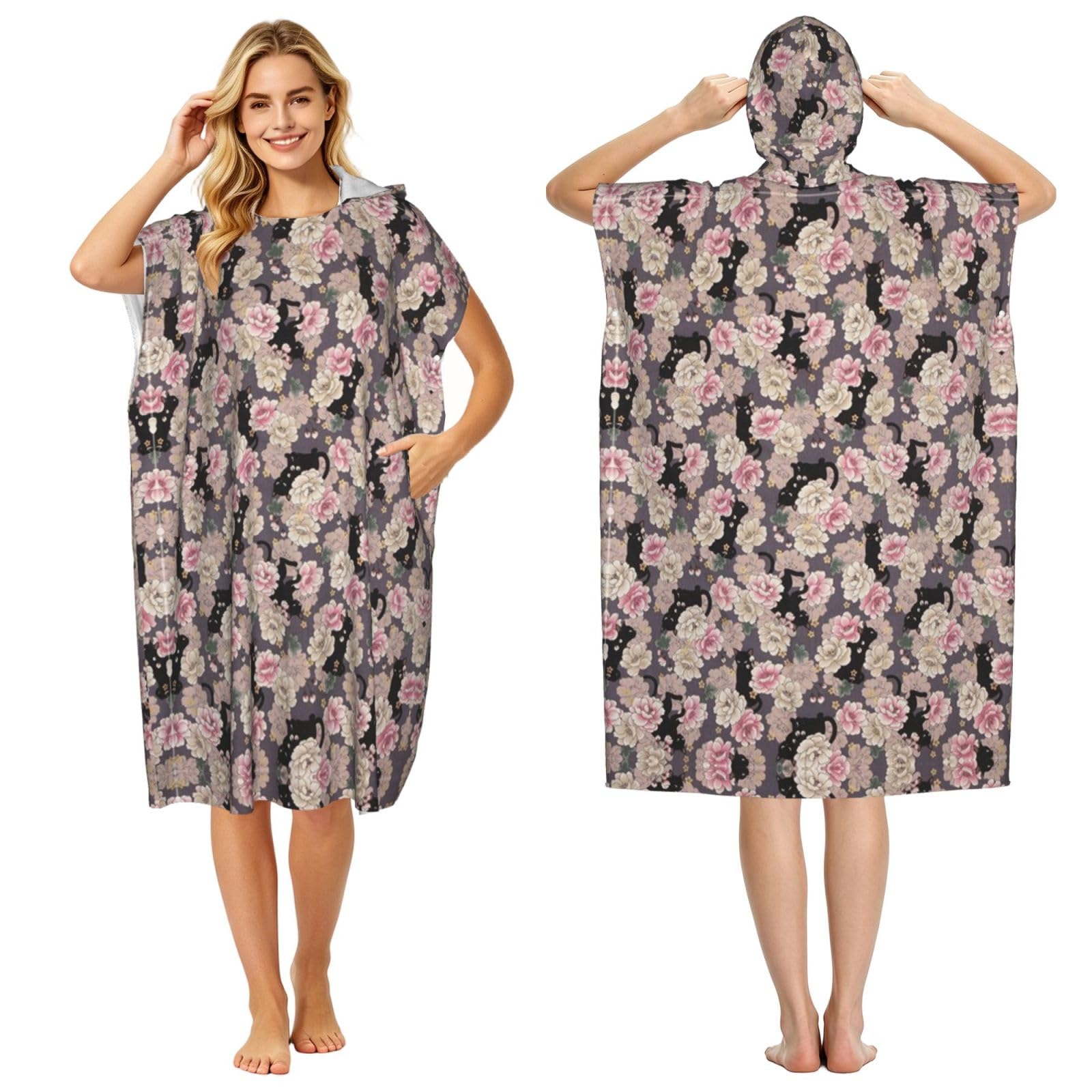 Poncho à capuche en microfibre chat et fleurs pour le bain et le surf