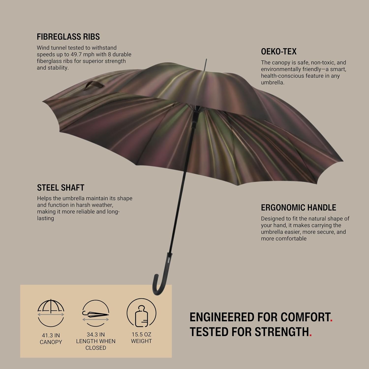Knirps T.760 Stick Automatic Auto Open Rain Umbrella With Curved Handle - Windproof Travel Cane With Automatic Open Button - For Adults - 107cm Diameter