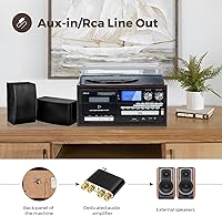Vista 8 de 9-in-1 Retro Turntable with Built-in Speakers, Reocrd Player with Bluetooth, AM/FM Radio, CD, Cassette, USB/SD Playback, Remote Control, and