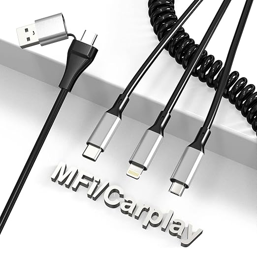 Coiled iPhone Lightning Cable for Apple CarPlay & MFi, Short USB to