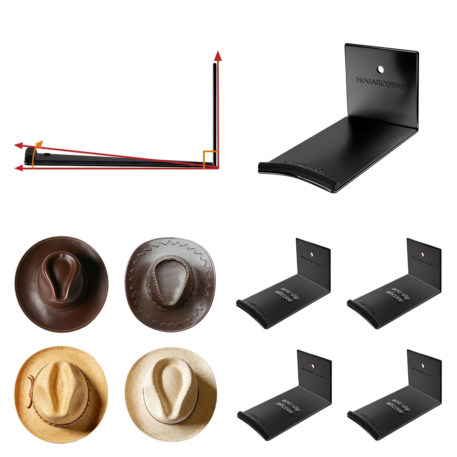 HOGARCOSAS 4-Pack,4Inch Metal Cowboy Hat Rack for Wall -Curved Silicone Grip Cap Holder, Hat Hanger with Adhesive or Screw Fix,Heavy Duty,Hat Storage Organizer for Sun Hats & Caps, Black