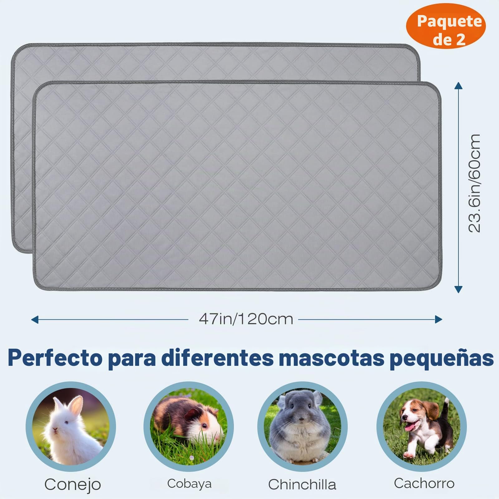 VavoPaw Almohadilla de Orina Impermeable para Mascotas Pequeñas, 120 x 60 cm (2 PZS) Alfombra Antideslizante Reutilizable Lavable a Máquina para Gato Perro Conejo Chinchilla Sofá Coche Perrera, Gris