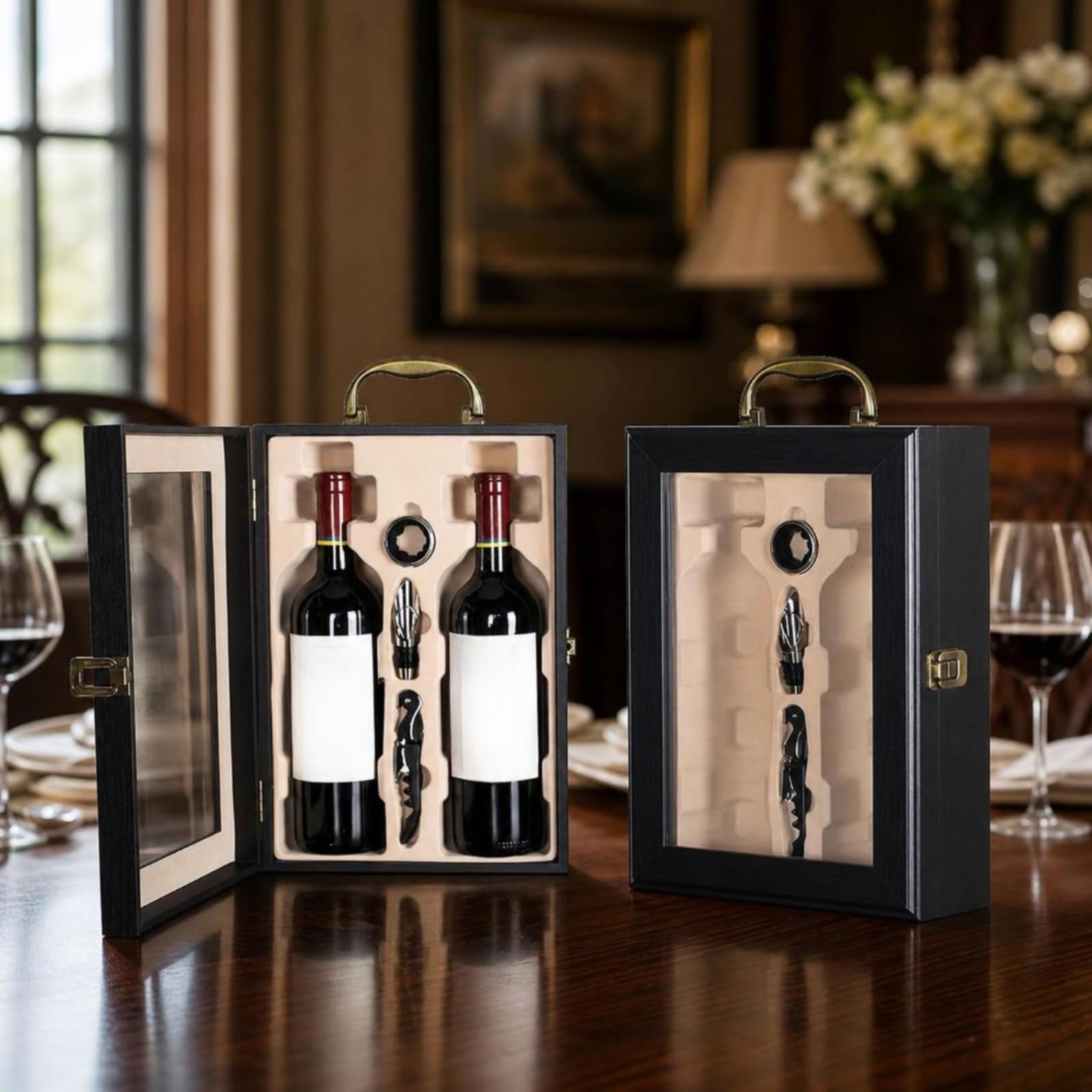 Coffret Vin Boîte Cadeau Deux Bouteilles Coffret Accessoires Présentation Élégante Fenêtre Transparente Bois avec Insert Moulu Fermeture Latérale, Marron, Boîte En Bois Avec Fenêtre Marron