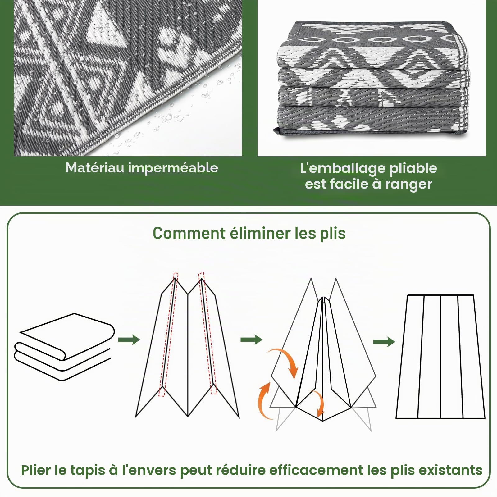 MOKANI Grand tapis d'extérieur et d'extérieur imperméable, réversible, en plastique, léger, pliable, résistant aux UV, pour camping-car, balcon, plage, terrasse - 150 x 240 cm