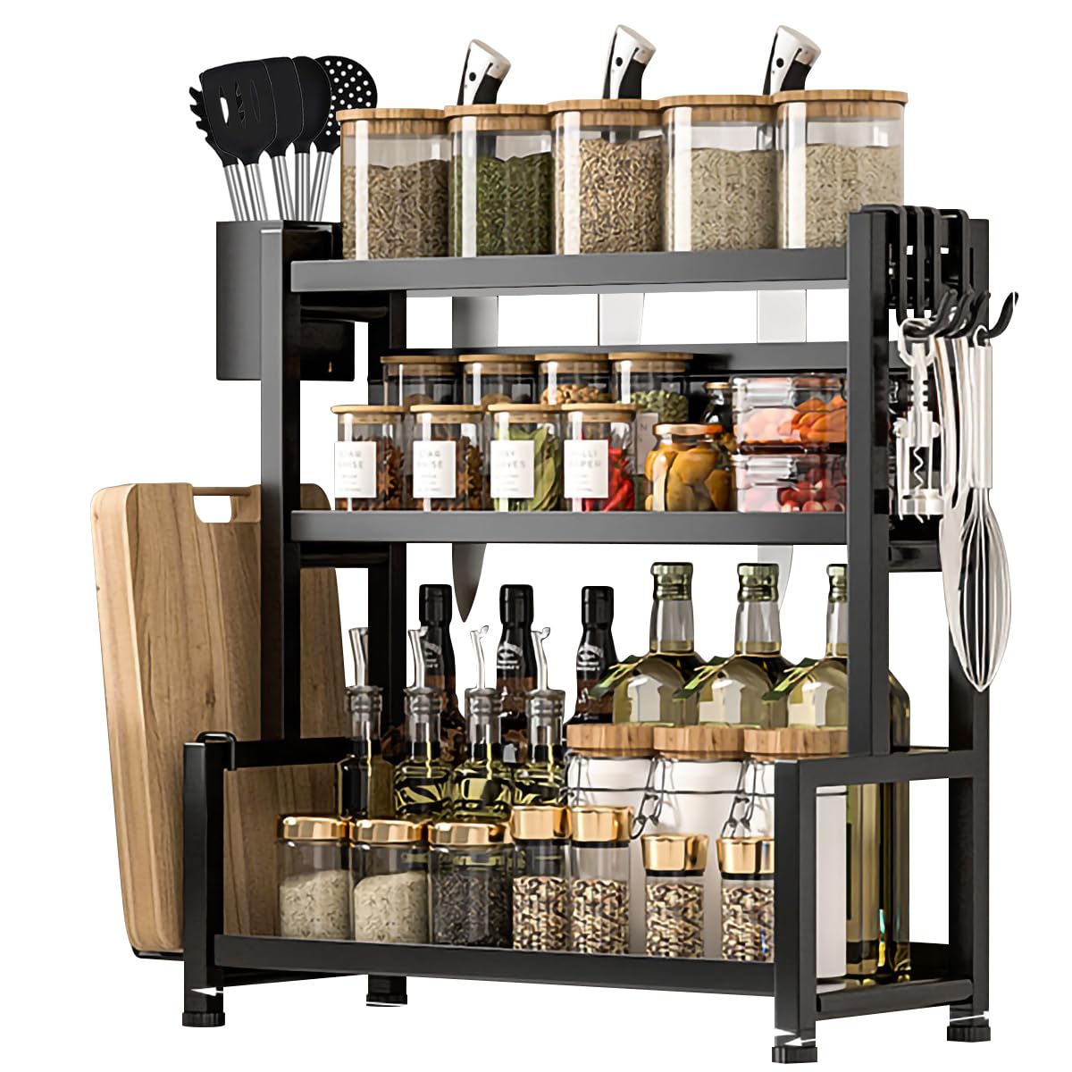 Gluckluz Spice Rack Shelf Kitchen Organizer 3-Tier, Large Metal Storage Countertop Shelf with Hooks, Standing Seasoning Jar Knife Utensil Holder Tray, Anti-Slip Counter Corner Shelf for Kitchen Home