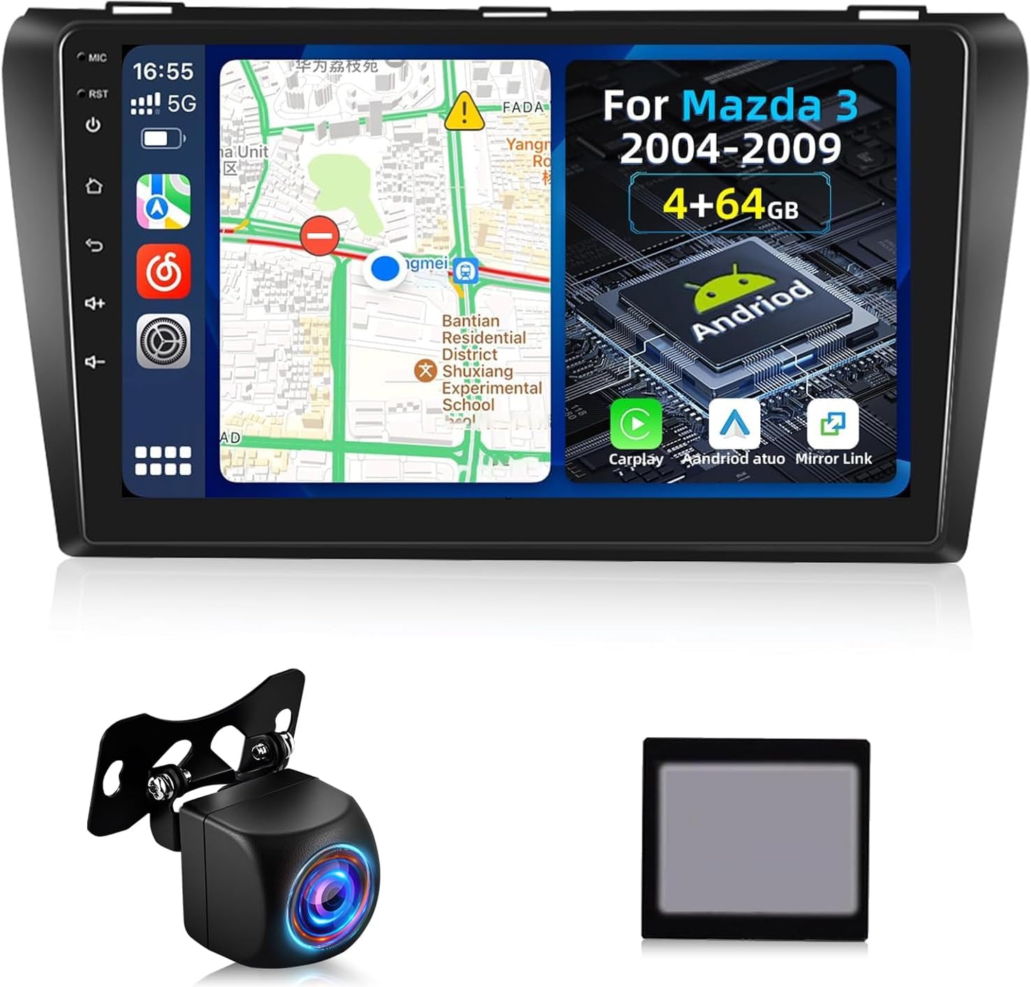 [4+64G] Upgrade Stereo for Mazda 3 2004-2009, 9 inch IPS Touchscreen Android Radio - Wireless Carplay and Andorid Auto, Customize Homepage, Multiple UI, WiFi, GPS, SWC + Canbus + Rearview Camera