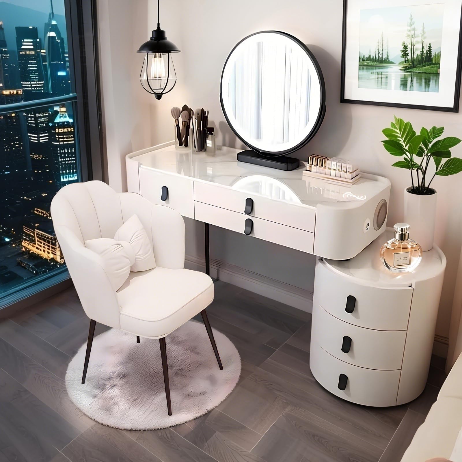 yalmond Vanity Desk with Mirror and Drawers, Makeup Table with Wireless Charging and Bluetooth Audio - Dressing Table with Drawers Vanity Makeup Table Set with Chair (White & Black UV, 80CM)