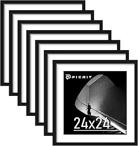 Picrit 24x24 Black Poster Frame 7 Pack, Display Pictures 20 x 20 Picture with Mat or 24 x 24 without Mat for Horizontal or Vertical Wall Mounting, Wall Gallery Photo Frames