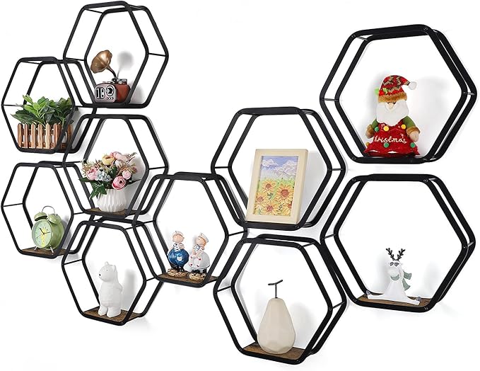 Hexagon Floating Shelves Set of 10 Black Metal Hexagon